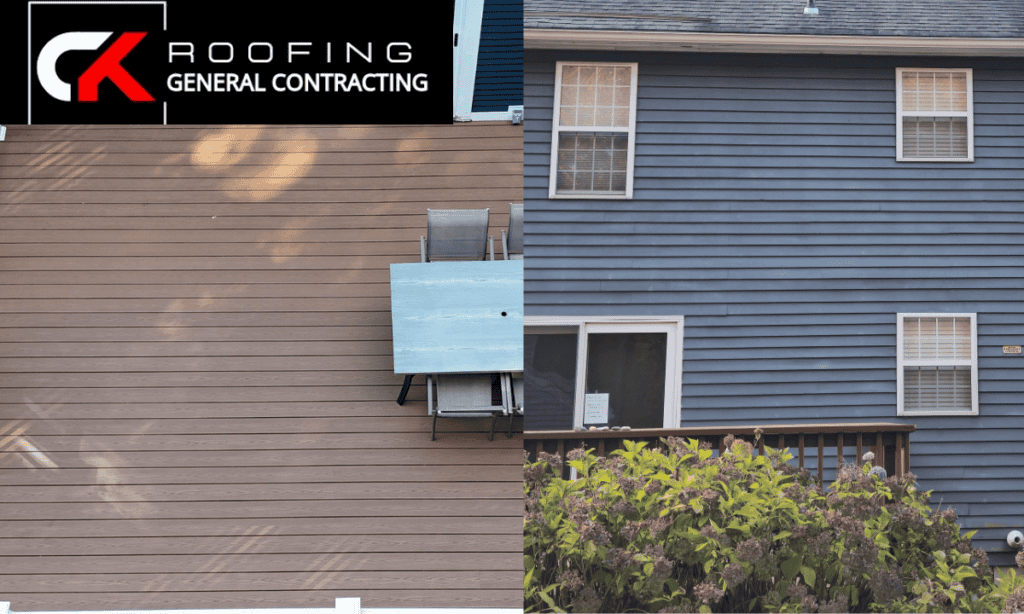 Professional roofing and decking installation by C&K Roofing, showcasing a beautiful home exterior with newly installed siding and a custom deck.